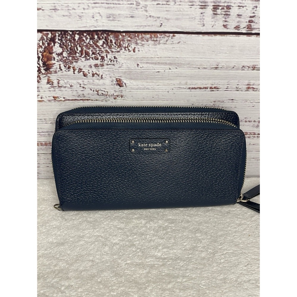Kate Spade Navy Blue Leather Zipper Wallet Multi Pockets Style J183